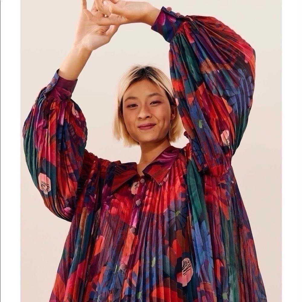 Farm Rio Bird Flowers Pleated Shirt Multicolor